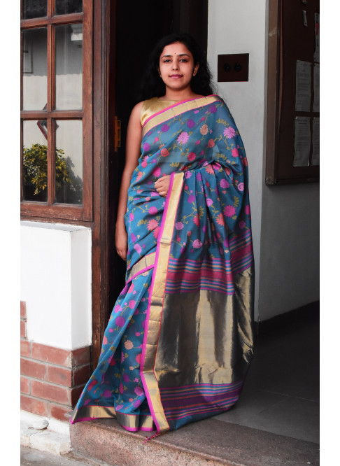 Blue, Handwoven Organic Cotton, Textured Weave , Jacquard, Multicolour Handpicked, Festive Wear, Jari Saree